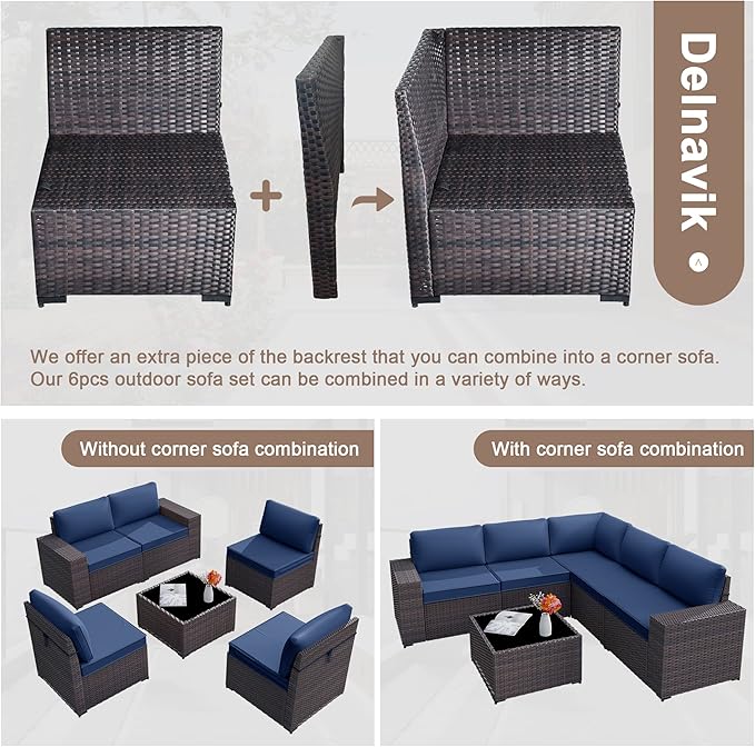 Patio Furniture Set Sofa 6pcs Wicker Sectional Sofa Set, Outdoor Furniture Rattan Patio Conversation Set with Thickened Cushions and Glass Coffee Table, Dark Blue - LeafyLoom