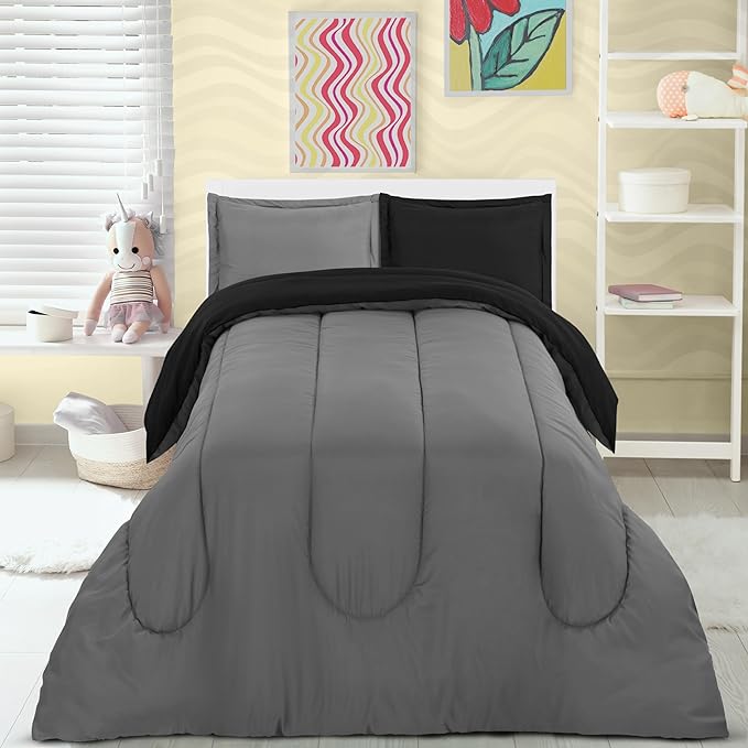 Utopia Bedding All Season Reversible Black and Grey Comforter Set with 2 Pillow Cases, 3 Piece Soft Brushed Microfiber Kids Bedding Set for Boys/Girls, Machine Washable (Twin) - LeafyLoom