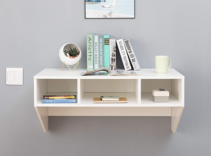 Wall Mounted Office Computer Desk with Three Compartments, White - LeafyLoom