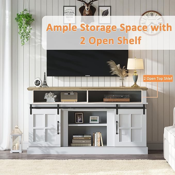 TV Stand with 2 Sliding Barn Doors, 58 Inch TV Stand with Storage Cabinet and Shelves, Television Stands with Storage for Living Room, Bedroom, White - LeafyLoom