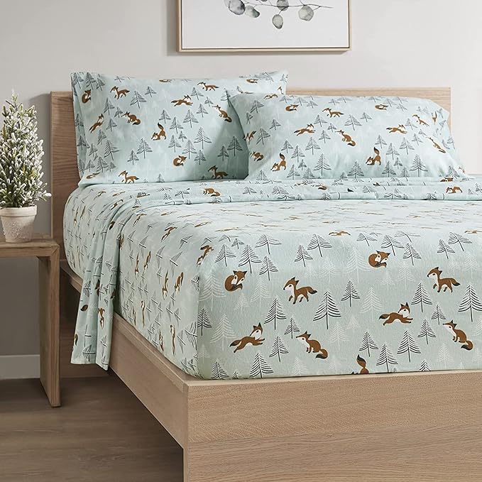 Comfort Spaces Cotton Flannel Breathable Warm, Deep Pocket Sheets with Pillow Case Bedding, Queen, Seafoam Foxes 4 Piece - LeafyLoom