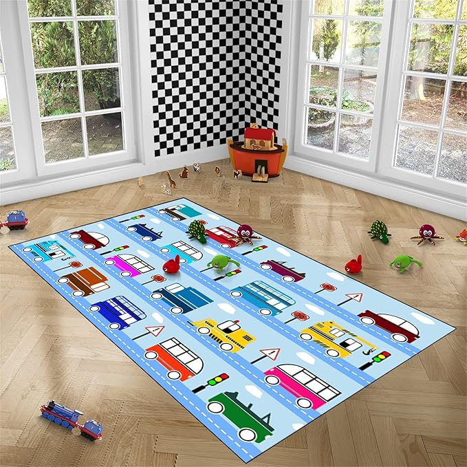 Car Rug Car Play Mat Kids Rugs for Playroom Car Rug Play Mat Rugs for Boys Bedroom Car Carpet for Kids Play Rug for Cars and Trucks Car Rug for Boys Room,Light Blue 4'×5' - LeafyLoom