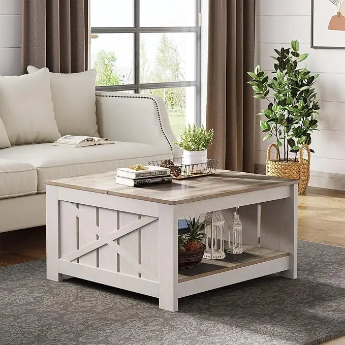 YITAHOME Coffee Table Farmhouse Coffee Table with Storage Rustic Wood Cocktail Table,Square Coffee Table for Living Meeting Room with Half Open Storage Compartment,Grey Wash - LeafyLoom