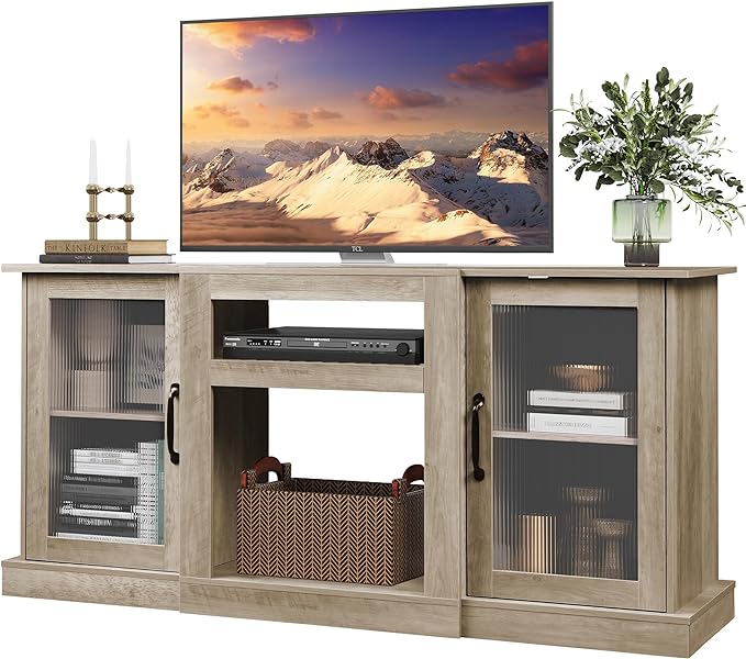 WLIVE Retro TV Stand for 65 inch TV, TV Console Cabinet with Storage, Open Shelves Entertainment Center for Living Room and Bedroom, Greige - LeafyLoom