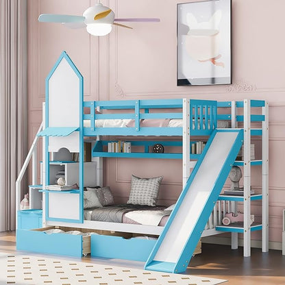 Twin Bunk Bed Castle with Slide, Stairs with Storage, Two Drawers, Solid Wood Bunkbeds Frame w/Shelves and Staircase, for Kids/Teens/Boys/Girls Bedroom, Blue - LeafyLoom