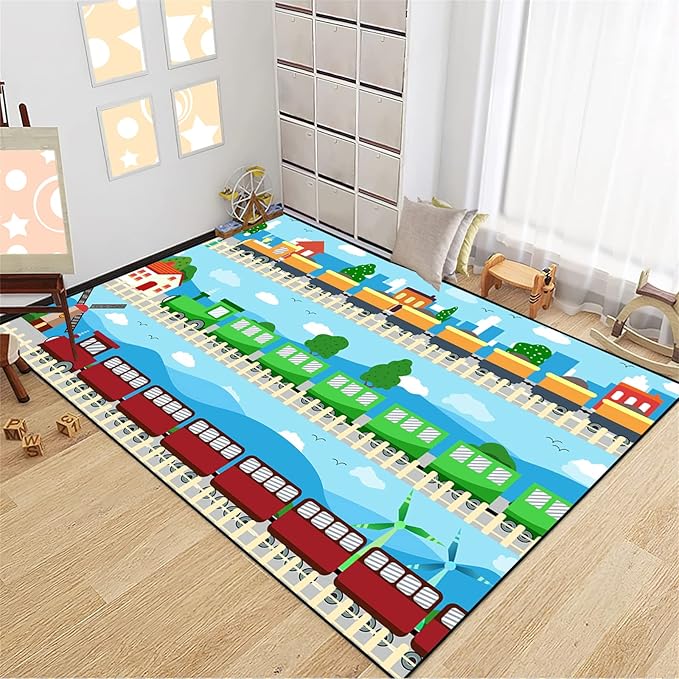 Train Rug Car Rug Play Mat Truck Rugs for Boys Room Kids Car Rug Truck Car Rug Car Carpet for Kids Kids Rugs for Playroom Car Rug for Boys Room,Light Blue 3'×4' - LeafyLoom