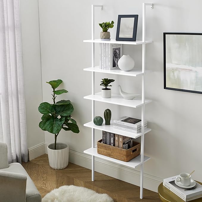 5-Shelf Wood Modern Bookshelf, Open Wall Ladder Bookcase Plant Shelf Vintage Kitchen Shelves Storage, Farmhouse Heavy Duty Display Shelf Wide Modern Open Book Case (White-1) - LeafyLoom