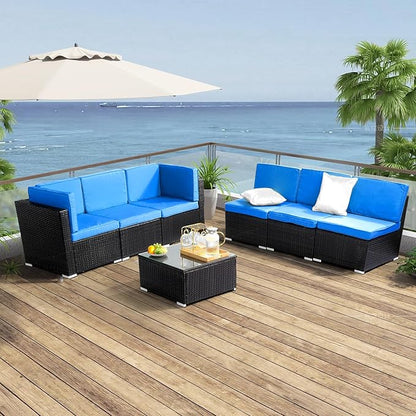 Outvita OutdoorRattan Conversation Set, 7 Pieces PE Rattan Sofa Wicker Patio Furniture Sets with Waterproof Soft Cushion for Backyard Porch Garden Poolside (Black & Blue) - LeafyLoom