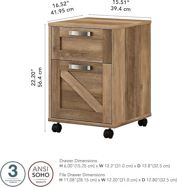 Bush Furniture Knoxville 2 Drawer Mobile File Cabinet, Rolling Document Storage for Home Office, Reclaimed Pine - LeafyLoom