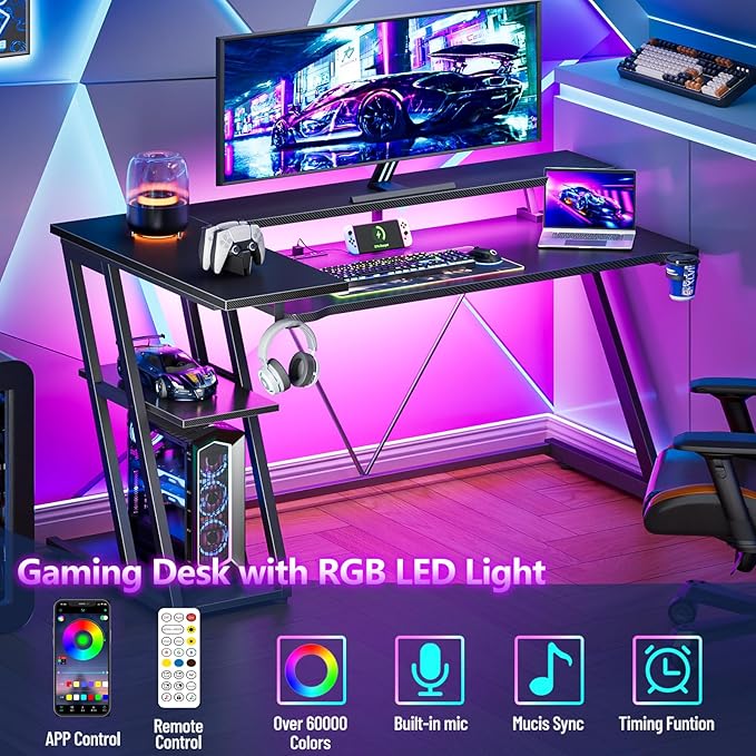 Computer Gaming Desk with Power Outlet & LED Lights, 55 Inch L Shaped Gamer Table with Storage Shelves for Bedroom, Reversible Corner Home Office Desk, Carbon Fiber Black - LeafyLoom