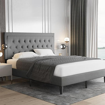 Allewie King Size Bed Frame Upholstered Platform Bed with Adjustable Headboard, Button Tufted, Wood Slat Support, Easy Assembly, Light Gray - LeafyLoom