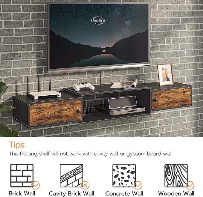 HOOBRO Floating TV Stand with Power Outlet 55", Modern Wall Mounted Media Console Shelf Cabinet for Under TV Storage, Entertainment Center, Living Room, Bedroom, Rustic Brown and Black BF11DS01 - LeafyLoom