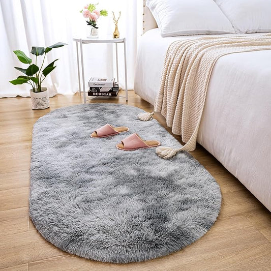 Merelax Soft Shaggy Rug for Kids Bedroom, Oval 2.6'x5.3' Plush Fluffy Rugs for Living Room, Furry Carpet for Teen Girls Room, Anti-Skid Fuzzy Comfy Rug for Nursery, Cute Baby Play Mat,Tie-dyed Grey - LeafyLoom