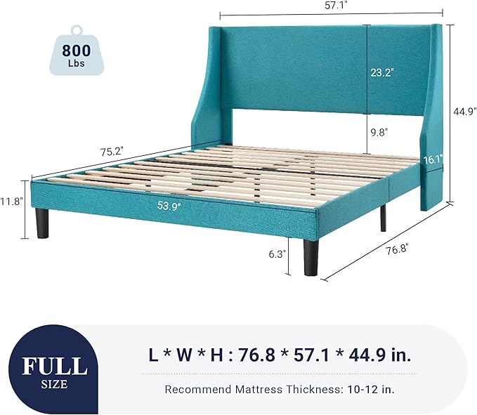 Allewie Full Size Bed Frame, Platform Bed Frame with Upholstered Headboard, Modern Deluxe Wingback, Wood Slat Support, Mattress Foundation, Peacock Green - LeafyLoom