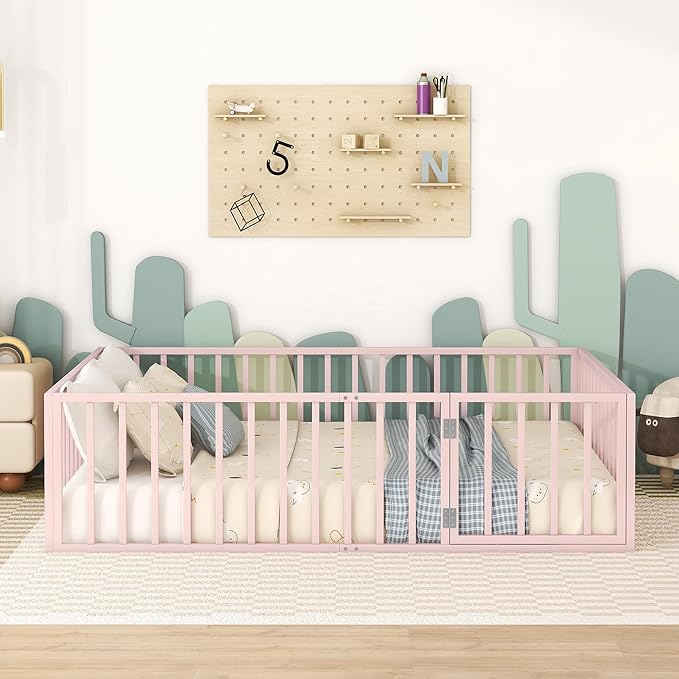 RITSU Queen Size Metal Floor Fence Bed, Montessori Bedframe, with Safety Guardrail and Door, for Children Bedroom, Boys Girls, Apartment, Strong & Durable, Easy to Assemble, Pink - LeafyLoom