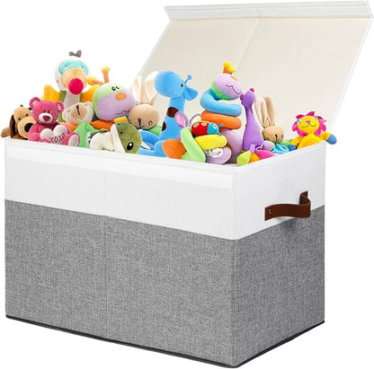 Large Toy Storage Box with Lid, Sturdy Toys Storage Chest Bin Organizer Basket with Dividers for Kids, Boys, Girls, Nursery, Closet, Bedroom, Playroom 25"x13" x16" (Grey and White) - LeafyLoom