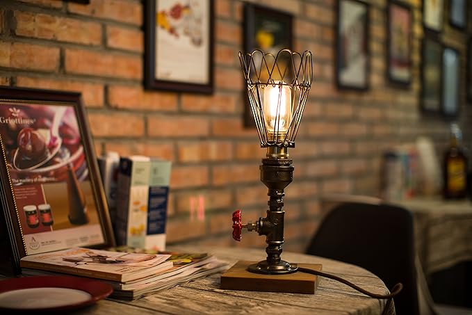 Loft Style Lamp, Pharos", Steam Punk Industrial Vintage Style, Wood Base Metal Body, Table Desk Light with Dimmer, LL-016 - LeafyLoom