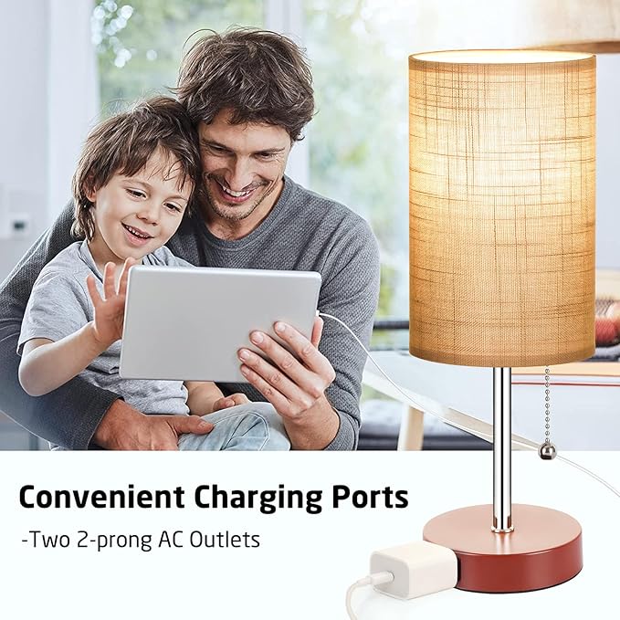 Bedside Lamp Set of 2 Table Lamps for Bedroom, 2700K/4000K/5000K Nightstand Lamp with Pull Chain and AC Outlet, Brown Table Lamp for Living Room Reading Kids Room(6W LED Bulbs Included). - LeafyLoom