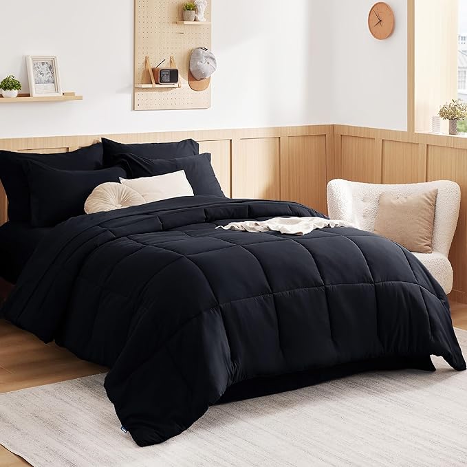 Bedsure Black Twin Comforter Set - 5 Pieces Solid Twin Bed in a Bag, Twin Bed Set Black with Quilted Warm Fluffy Comforters, Sheets, Pillowcase & Sham - LeafyLoom