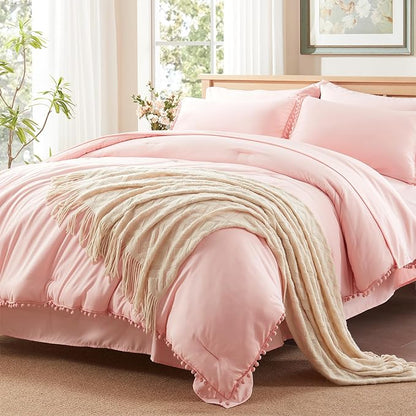 Anluoer Queen Comforter Set 7 Piece, Pink Bed in a Bag with Sheets, Pom Pom Boho Bedding Comforter Sets with 1 Comforter, 2 Pillow Shams, 2 Pillowcases, 1 Flat Sheet, 1 Fitted Sheet - LeafyLoom