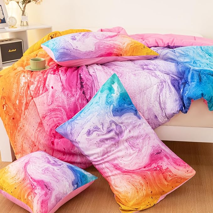 4 Pcs Tie Dye Twin Comforter Set for Girls, Watercolor Marble Abstract Art Superior Kids Bedding Sets Twin Size, Pink Purple Blue Colorful Teenage Girls Comforter Sets - LeafyLoom