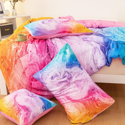 4 Pcs Tie Dye Twin Comforter Set for Girls, Watercolor Marble Abstract Art Superior Kids Bedding Sets Twin Size, Pink Purple Blue Colorful Teenage Girls Comforter Sets - LeafyLoom