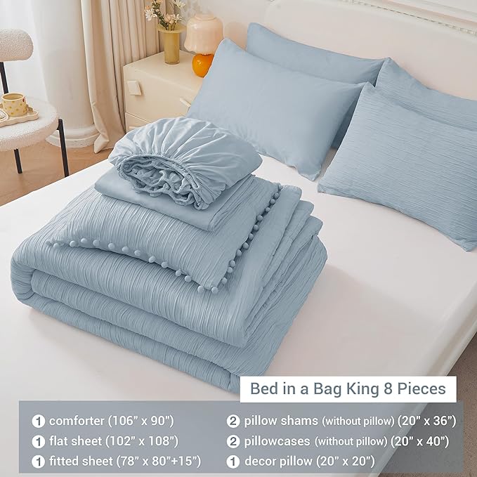 8 Piece Woven Texture King Size Comforter Set Blue, Bed in A Bag Bedding King with Comforter and Sheets, Soft Lightweight Comforter Set with Deocor Throw Pillow, Light Heaven Blue - LeafyLoom