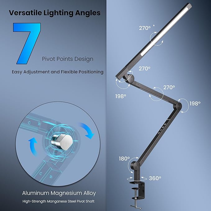 Desk Lamp, Desk Light with Clamp, Stepless Dimming & Adjustable Color Temperature Modern Eye-Caring Architect Lamp with Memory & Timing Function for Study, Work, Home, Office, 15W - LeafyLoom