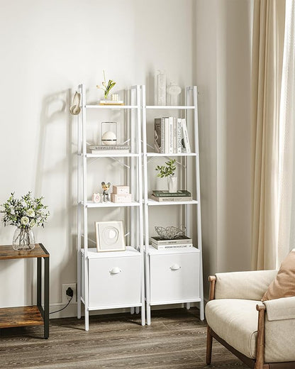 Narrow Bookshelf Bookcase with Drawer, Ladder Shelf with 2 Hooks, Bookshelves Storage Organizer, Freestanding Display Standing for Home Office, Bedroom, 5 Tier White BC19513W - LeafyLoom