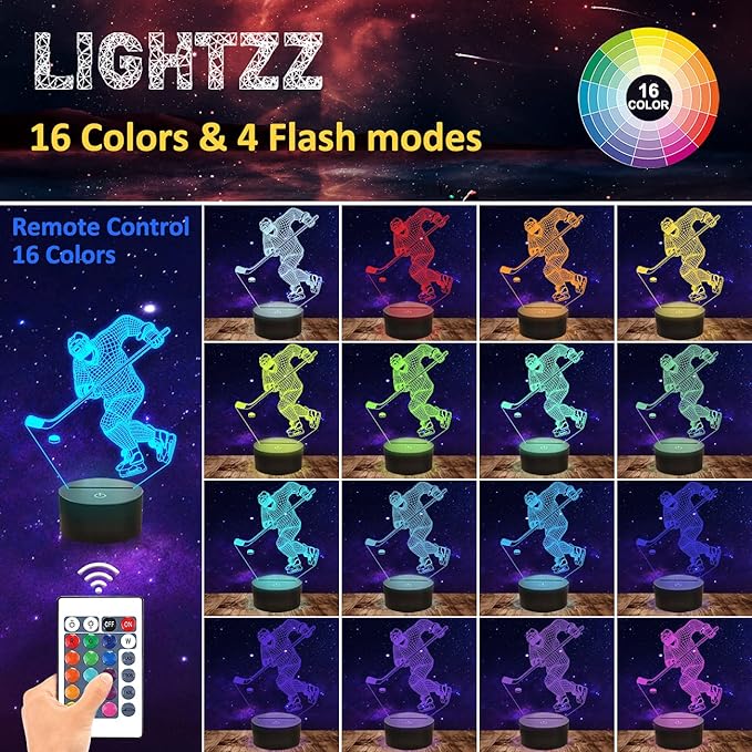 Hockey Night Light, Ice Hockey Player 3D Illusion Lamp for Boys Room Decor with Remote + Touch 16 Colors Flashing Changing Desk Lamps for Kids Sport Fans Birthday Xmas Cool Gifts - LeafyLoom