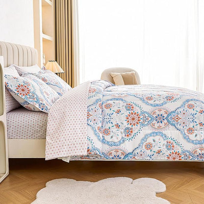 Printed Queen Bedding Sets with Comforter and Sheets, Lightweight Boho Floral 7 Piece Bed in A Bag Comforter Set for Women, Pink and Blue Mandala Flower Pattern - LeafyLoom