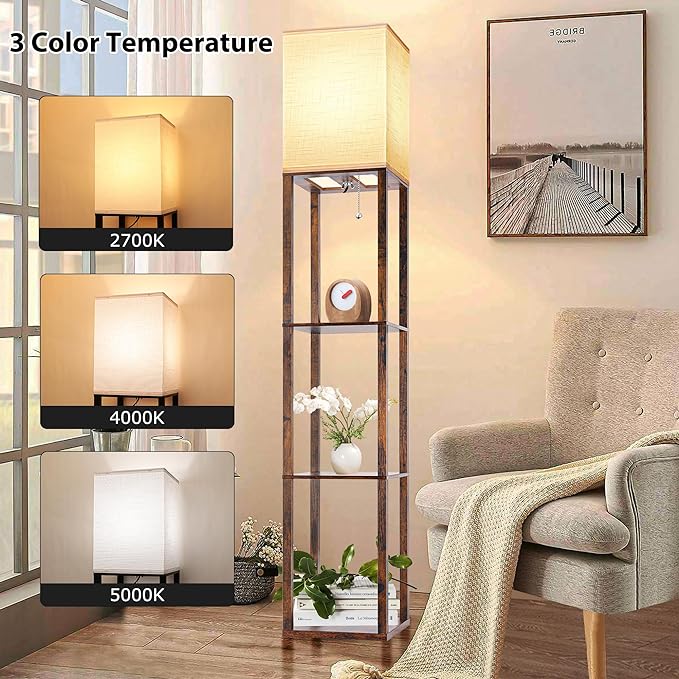 Floor Lamp with Shelves for Living Room Brown, Shelf Floor Lamp with 3 CCT LED Bulb, Corner Display Standing Column Lamp Etagere Organizer Tower Nightstand with White Linen Shade for Bedroom - LeafyLoom