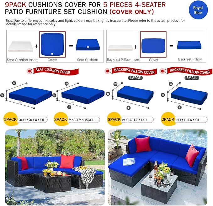 ClawsCover 9Pack Outdoor Seat and Back Cushions Replacement Covers Fit for 5 Pieces 4-Seater Wicker Rattan Patio Conversation Set Sectional Couch Furniture,Royal Blue-Include Cover Only(Small) - LeafyLoom