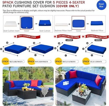 ClawsCover 9Pack Outdoor Seat and Back Cushions Replacement Covers Fit for 5 Pieces 4-Seater Wicker Rattan Patio Conversation Set Sectional Couch Furniture,Royal Blue-Include Cover Only(Small) - LeafyLoom