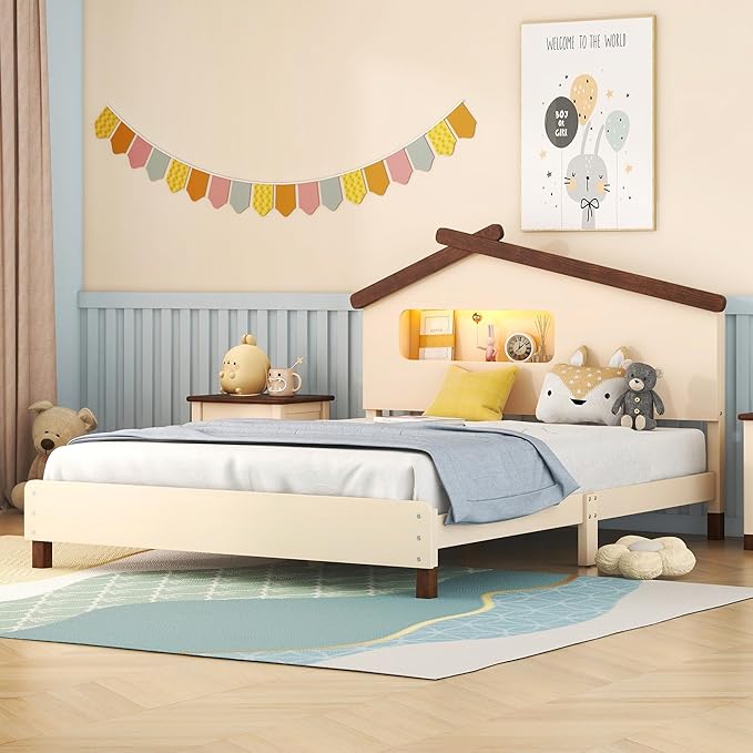 Bellemave Full Size Platform Bed with House-Shaped Headboard and Motion Activated Night Lights,Wood Full Kids Bed Frame for Teens, Girls,Boys(Full,Cream) - LeafyLoom