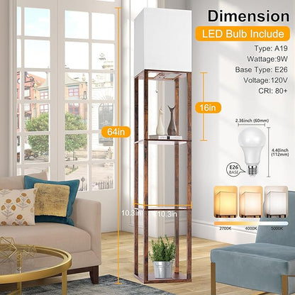 Floor Lamp with Shelves for Living Room Brown, Shelf Floor Lamp with 3 CCT LED Bulb, Corner Display Standing Column Lamp Etagere Organizer Tower Nightstand with White Linen Shade for Bedroom - LeafyLoom