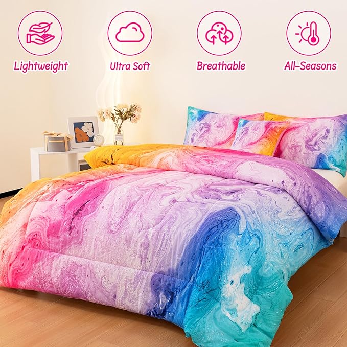 4 Pcs Tie Dye Twin Comforter Set for Girls, Watercolor Marble Abstract Art Superior Kids Bedding Sets Twin Size, Pink Purple Blue Colorful Teenage Girls Comforter Sets - LeafyLoom