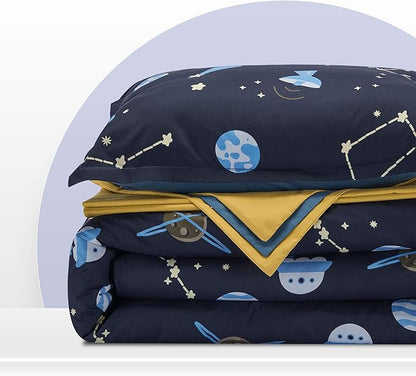 SLEEP ZONE Kids Twin Bedding Comforter Set - Super Cute & Soft Kids Bedding 5 Pieces Set with Comforter, Sheet, Pillowcase & Sham (Navy Galaxy) - LeafyLoom