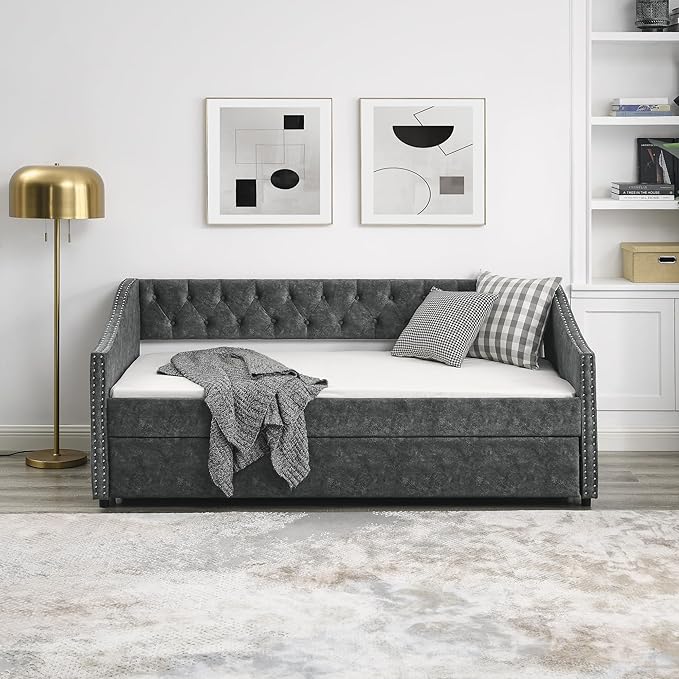 Twin Size Upholstered Daybed with Trundle, Wooden Sofa Bed w/Button Tufted Backrest and Waved Shape Arms, Space-Saving Design, No Box Spring Needed, for Living Room, Bedroom, Dorm, Grey - LeafyLoom