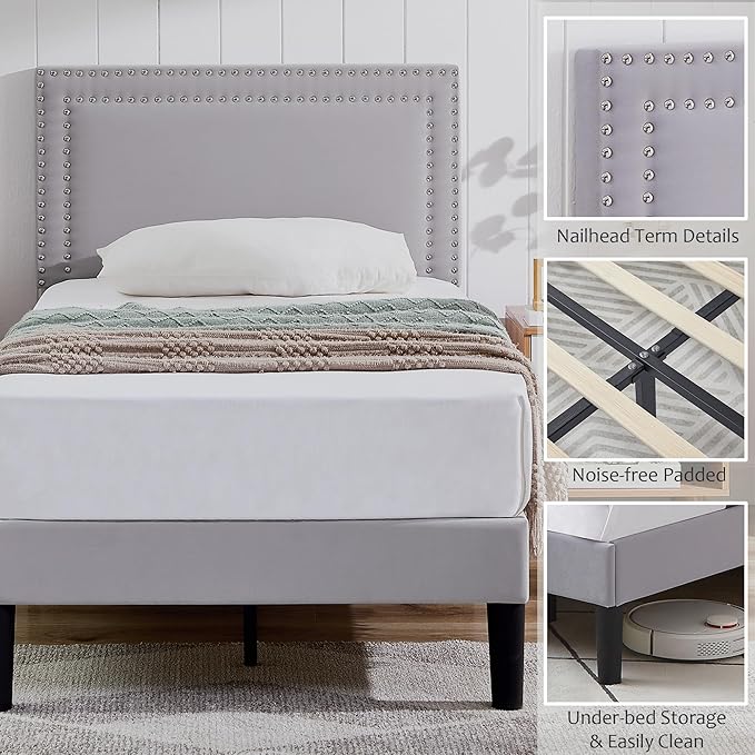 VECELO Twin Size Platform Bed Frame with Adjustable Upholstered Headboard, Modern Mattress Foundation, Strong Wood Slat Support, No Box Spring Needed, Easy Assembly - LeafyLoom