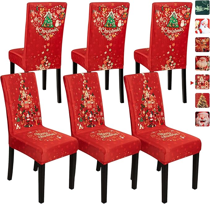 6PCS Christmas Dining Chair Covers, Stretch Removable Washable Dining Room Chair Protector Slipcovers, Xmas Tree Heart Kitchen Chair Cover, Slipcover Protector for Xmas Holiday Party Home Décor CZL