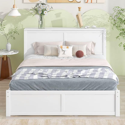 Queen Size Bed Frame with Headboard and Twin XL Trundle, Wood Queen Size Platform Bed with Pull Out Storage Shelves Headboard for Bedroom, White - LeafyLoom