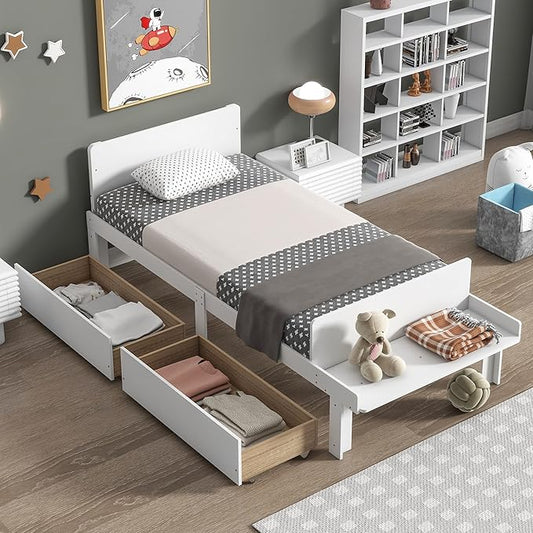 Twin Bed with 2 Drawers,Storage Platform Bed with Footboard Beach and Headboard,Pine Wood Twin Size Bed Frame High Stable for Kids,Boys,Girls,Teens, No Box Spring Needed,White - LeafyLoom