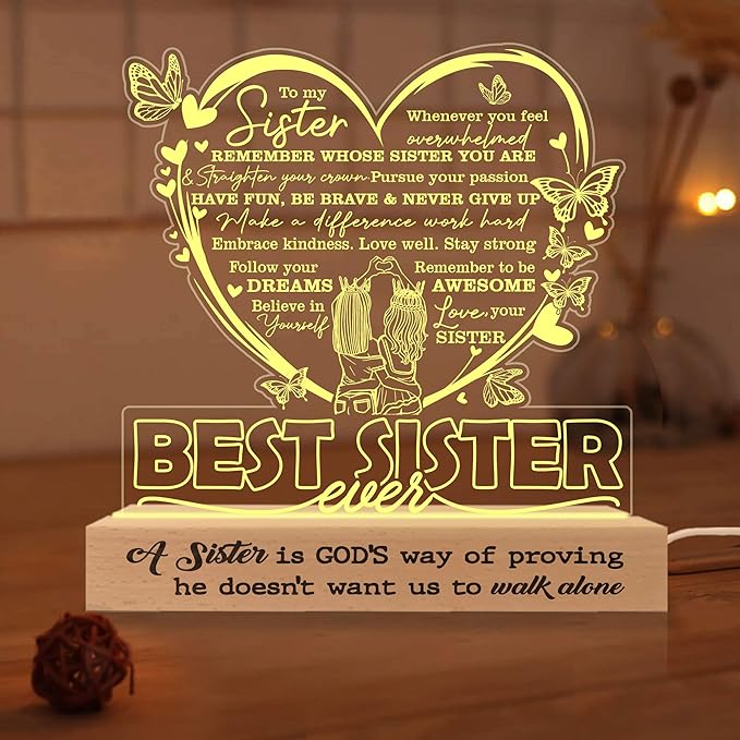 Sister Gifts from Sisters, to My Sister 3D Illusion Lamp, Best Sister Ever Acrylic Night Light, Sister Birthday Gifts from Brothers, Gift for Sister on Wedding Anniversary Christmas Valentine - LeafyLoom