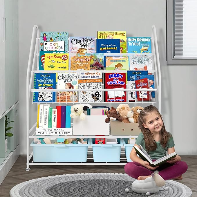 aboxoo Metal Kids Bookshelf Freestanding Bookcase for Children Room 32 in Large Toy Organizer Modern MinimalistWhite Stable Metel Bookstore Bedroom, Living, Library Book Unit Storage - LeafyLoom