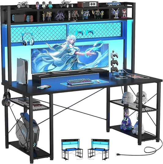 armocity 2024 Upgrade Gaming Desk with Hutch, 55.2'' Magic Computer Desk with LED Lights and Outlets, Reversible Workstation Desk with Pegboard and Monitor Stand, Gamer Desk PC Table, Black - LeafyLoom