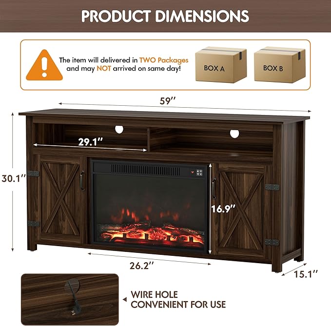 YESHOMY Fireplace TV Stand for Television up to 65+ Inch with Storage and Farmhouse Barn Doors, Entertainment Center with Cabinet and Shelves, Media Console for Living Room, Walnut - LeafyLoom