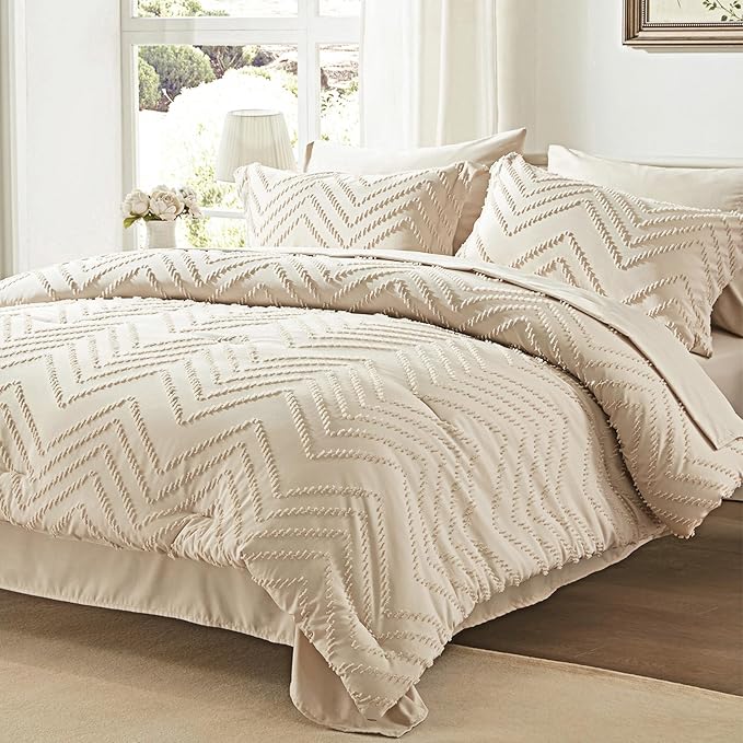 Anluoer Full Comforter Set, Beige Tufted Bed in a Bag 7 Pieces with comforters and sheets, All Season Bedding Sets with 1 Comforter, 2 PillowShams, 2 Pillowcases, 1 Flat Sheet, 1 Fitted Sheet - LeafyLoom