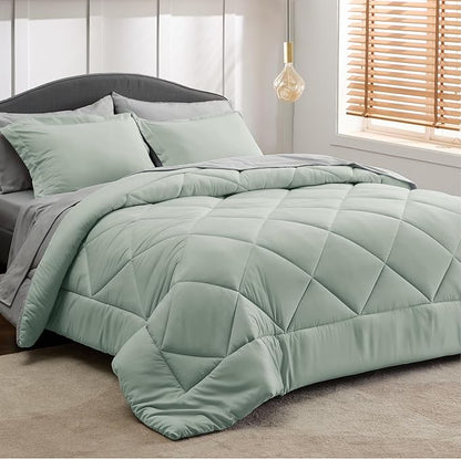 Bedsure Sage Green California King Comforter Set - 7 Pieces Reversible Bed Set Bed in a Bag California King with Comforters, Sheets, Pillowcases & Shams, California King Bedding Sets - LeafyLoom