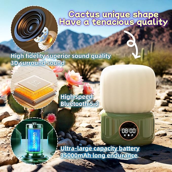 HOMY Bluetooth speaker Cactus Mood lamp Table desk office LED light wireless speakers Camping ambient music Good night electronic alarm clock sound decoration Kids Bedroom Party Best gift - LeafyLoom